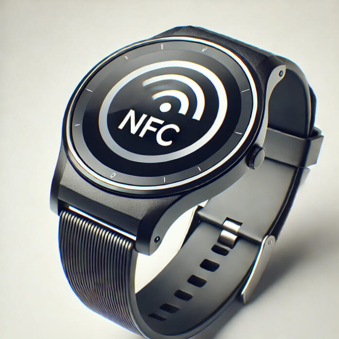 A modern smartwatch with a black design on a white background, showcasing an NFC symbol on its screen to highlight its contactless payment and data transfer features