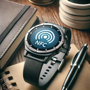 A modern smartwatch with a black design on a white background, showcasing an NFC symbol on its screen to highlight its contactless payment and data transfer features.