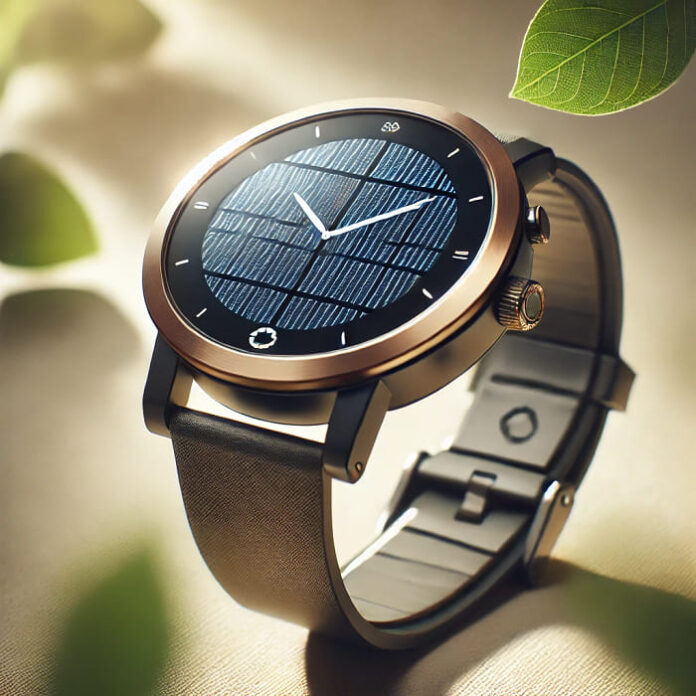 A stylish solar-powered watch with a sleek design and integrated solar panels, highlighted by soft lighting with natural elements in the background.