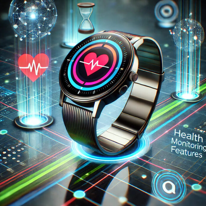 A futuristic smartwatch with a curved display, showcasing health monitoring features, smart home integration, and customizable watch faces in a high-tech setting