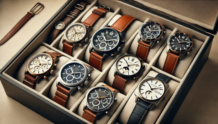 A collection of vintage, sporty, smart, moonphase, and classic watches in a collector's box.