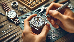 Watchmaker repairing a watch mechanism with precision tools in a service shop