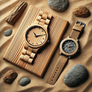 A wooden watch next to a wooden board and a stone watch next to a piece of stone, both placed on a sandy surface to highlight the unique materials and textures of the watches